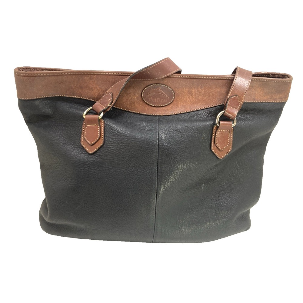 Vtg DELFINO Leather Pebbled Black & Brown Shoulder Handbag Purse Columbia